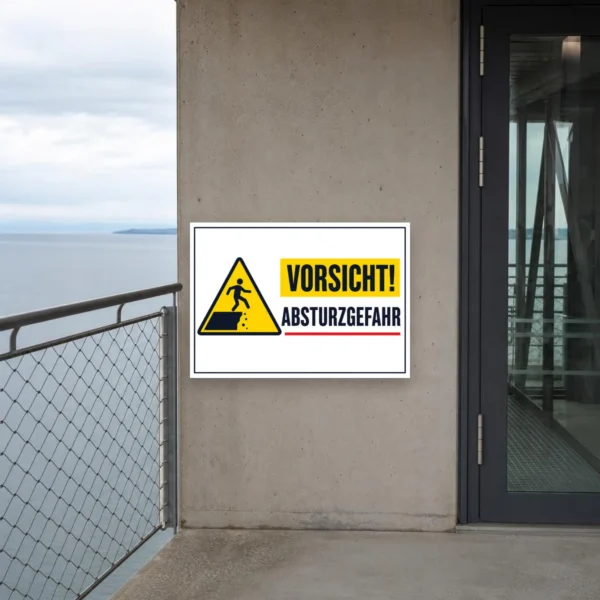 KI-generiertes Anwendungsbeispiel: Warnschild Vorsicht Absturzgefahr als robuste Aluminium-Verbundplatte für eine gut sichtbare Kennzeichnung am gefährdeten Bereich.