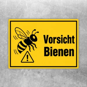 Gelber Vorsicht Bienen Warnaufkleber mit schwarzem Bienenmotiv und Warnsymbol im Querformat.