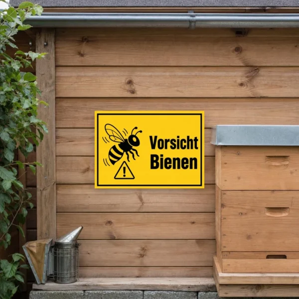 KI-generiertes Anwendungsbeispiel: Vorsicht Bienen Aufkleber auf einer glatten Torfläche mit gut sichtbarer Warnwirkung im Außenbereich.