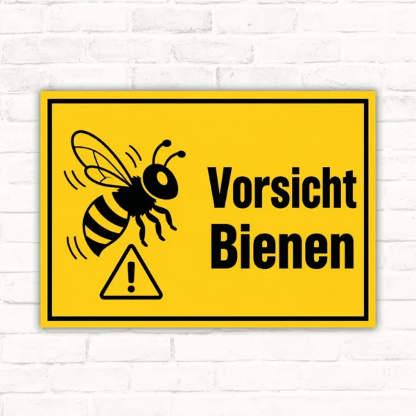 Vorsicht Bienen Warnschild mit gelbem Hintergrund, schwarzer Biene und Warntext als robustes Schild.