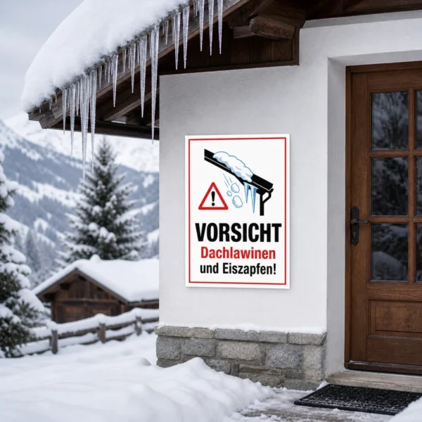 KI-generiertes Anwendungsbeispiel: Vorsicht Dachlawinen und Eiszapfen Aufkleber an einer Hauseingangstür als deutlicher Winter-Warnhinweis.