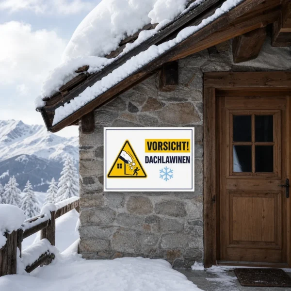 KI-generiertes Anwendungsbeispiel: Vorsicht Dachlawinen Aufkleber an einer Garagenwand zur winterlichen Warnkennzeichnung.