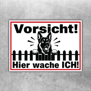 Schäferhund Aufkleber mit Warntext, schwarzem Wachhund und rotem Rahmen auf weißem Hintergrund.