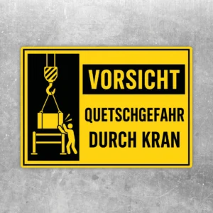 Gelb-schwarzer Vorsicht Quetschgefahr durch Kran Aufkleber mit Kranhaken, Last und Warnfigur im Querformat.