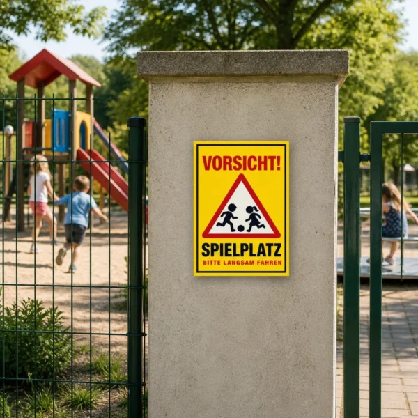 KI-generiertes Anwendungsbeispiel: Aufkleber Vorsicht Spielplatz – Bitte langsam fahren an einem Zaun im Kinderbereich, hochformatig und gut sichtbar.