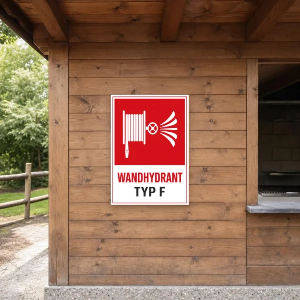 KI-generiertes Anwendungsbeispiel: Wandhydrant Typ F Brandschutzschild an einer Innenwand mit rotem Symbol und gut lesbarer Beschriftung zur schnellen Orientierung.