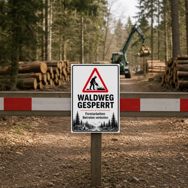 KI-generiertes Anwendungsbeispiel: Waldweg gesperrt Schild mit Warnsymbol und Text „Forstarbeiten Betreten verboten“ an einem Forstweg.