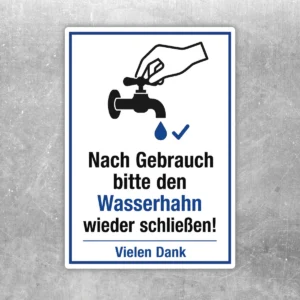 Wasserhahn nach Gebrauch schließen Aufkleber mit Hand-, Tropfen- und Häkchenmotiv in Blau, Schwarz und Weiß.