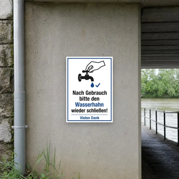 KI-generiertes Anwendungsbeispiel: Wasserhahn nach Gebrauch schließen Aufkleber an einem Waschbecken mit klarer Hinweisgrafik in Blau, Schwarz und Weiß.
