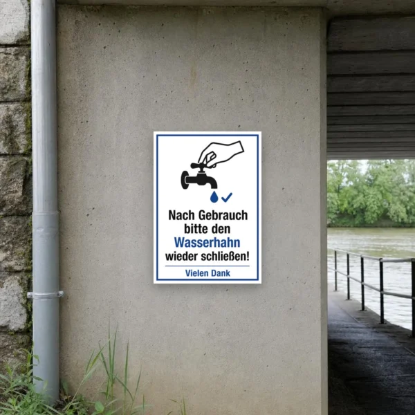 KI-generiertes Anwendungsbeispiel: Wasserhahn nach Gebrauch schließen Schild an einem Waschplatz, klar lesbar, mit Hand-und-Hahn-Motiv.