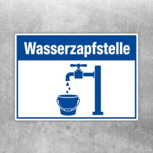 Blau-weißer Wasserzapfstelle Aufkleber im Querformat mit Hahn- und Eimermotiv für Campingplatz und Versorgungsbereich.