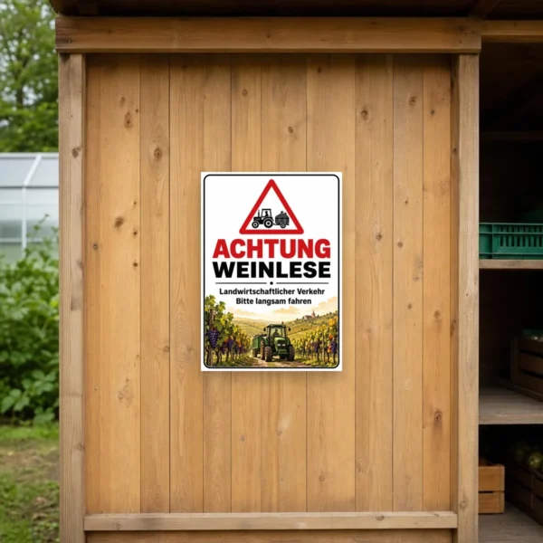 KI-generiertes Anwendungsbeispiel: Achtung Weinlese Aufkleber auf glatter Fläche mit Warnsymbol, Traktor und Weinbergmotiv im Hochformat.