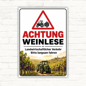Achtung Weinlese Schild mit Traktor im Weinberg, rotem Warnsymbol und dem Text „Landwirtschaftlicher Verkehr Bitte langsam fahren“.