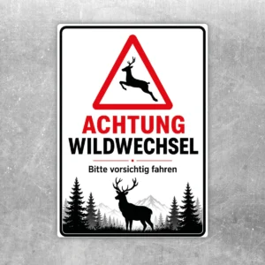 Wildwechsel Warnschild Aufkleber mit Hirschmotiv, rotem Warn-Dreieck und dem Hinweis „Achtung Wildwechsel bitte vorsichtig fahren“.