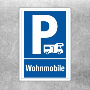 Wohnmobil Parkplatzaufkleber in Blau-Weiß mit P-Symbol, Wohnmobil-Piktogramm und Hinweis für reservierte Stellplätze