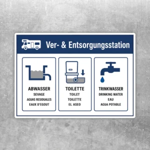 Wohnmobil Ver- & Entsorgungsstation Aufkleber in Blau, Weiß und Schwarz mit Symbolen für Abwasser, Toilette und Trinkwasser.
