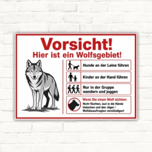 Wolfsgebiet Warnschild mit der Aufschrift „Vorsicht! Hier ist ein Wolfsgebiet!“ und Verhaltensregeln als Alu-Verbundschild.