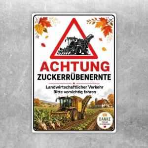 Achtung Zuckerrübenernte Aufkleber mit Warnsymbol und Traktor im Herbstmotiv für den landwirtschaftlichen Einsatz.