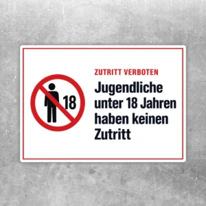 Zutritt verboten Aufkleber mit rotem Verbotssymbol und Text für Jugendliche unter 18 Jahren im Querformat.