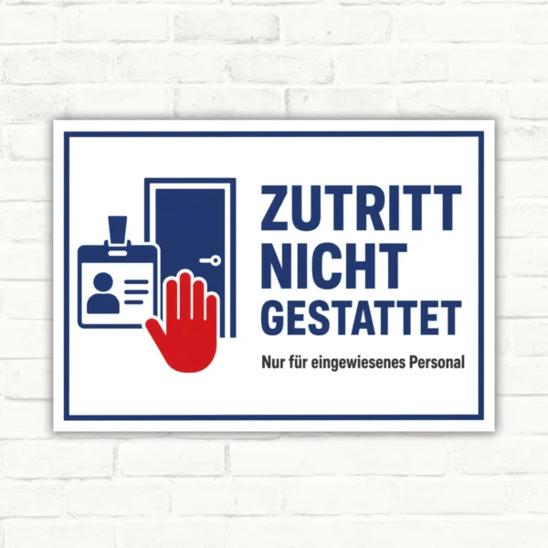 Schild mit Aufdruck „Zutritt nicht gestattet“ und Hinweis „Nur für eingewiesenes Personal“ als Verbotsschild im Querformat.