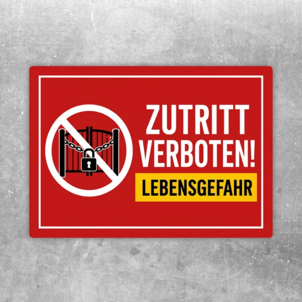 Zutritt verboten Lebensgefahr Aufkleber in Rot mit Warnsymbol und gelbem Hinweisfeld für gefährdete Zugänge.