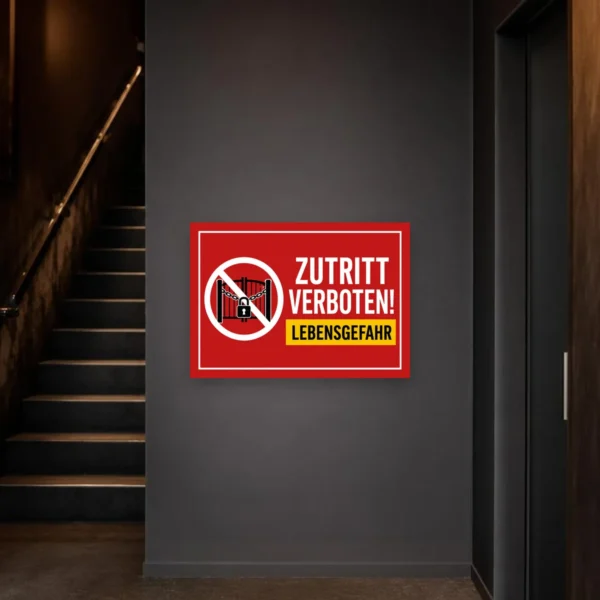 KI-generiertes Anwendungsbeispiel: Zutritt verboten Schild mit Lebensgefahr-Hinweis an einem gesperrten Eingang als bedrucktes Verbotsschild.