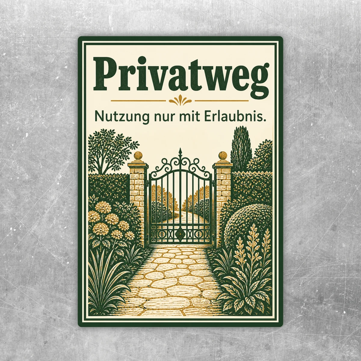 Privatweg Aufkleber mit Text Nutzung nur mit Erlaubnis, grün-beiges Gartentor-Motiv für private Zufahrten.