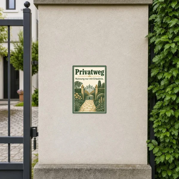 KI-generiertes Anwendungsbeispiel: Privatweg Aufkleber Nutzung nur mit Erlaubnis an Tor oder Zufahrt in Grün und Beige.