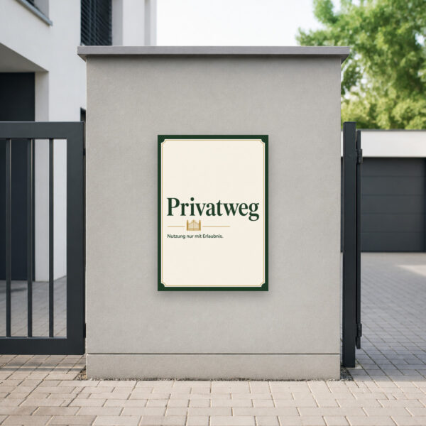 KI-generiertes Anwendungsbeispiel: Privatweg Schild „Nutzung nur mit Erlaubnis.“ mit Gartentor-Motiv an heller Wand.