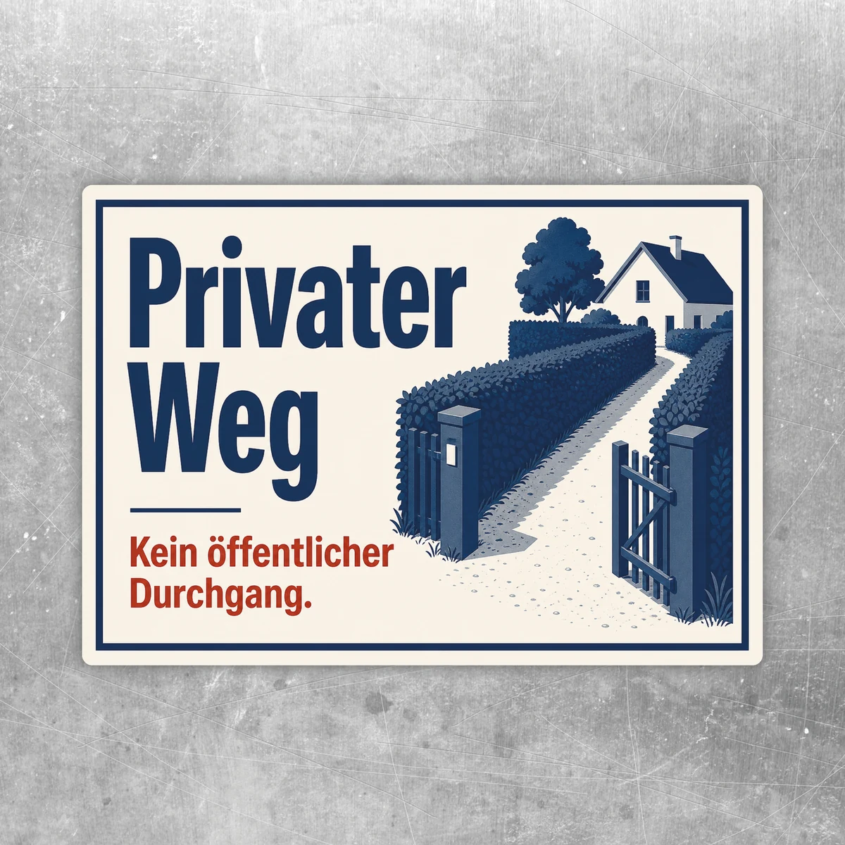 Privater Weg Aufkleber im Querformat mit blau-rotem Text und Illustration von Tor, Hecke, Weg und Haus.