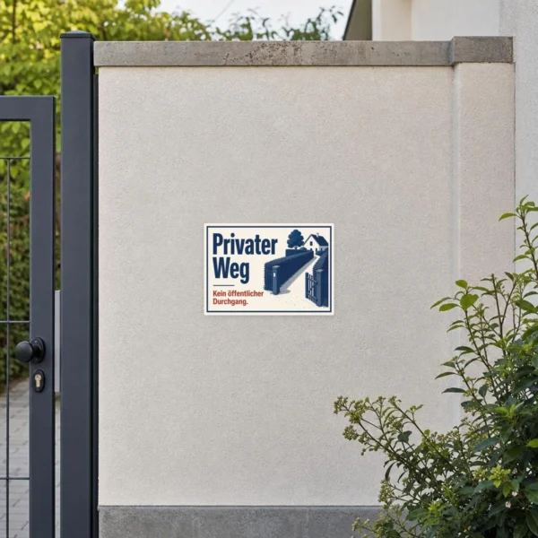 KI-generiertes Anwendungsbeispiel: Privater Weg Aufkleber mit Hinweis Kein öffentlicher Durchgang an privatem Zugang.