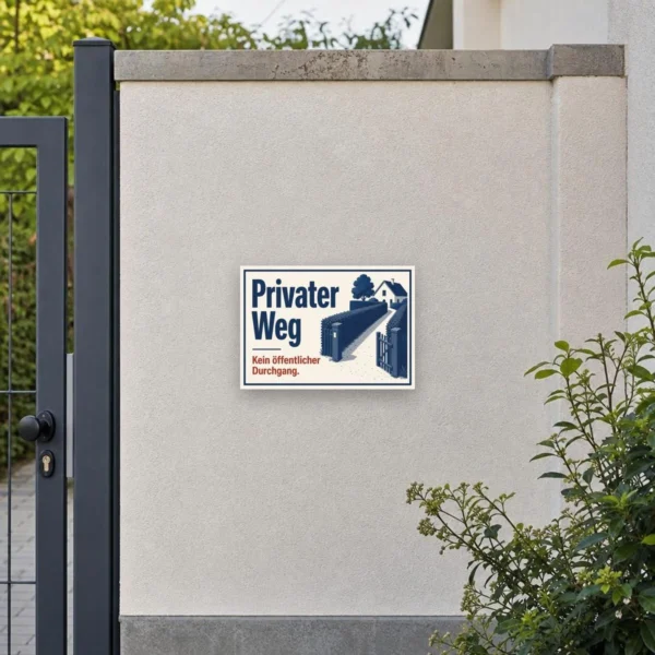KI-generiertes Anwendungsbeispiel: Privater Weg Schild mit „Kein öffentlicher Durchgang“ an einer Hauszufahrt mit Hecke und Tor.