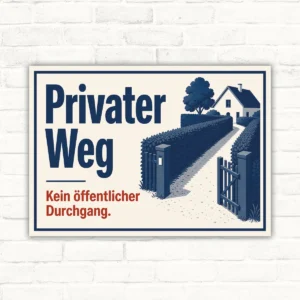 Schild mit der Aufschrift „Privater Weg – Kein öffentlicher Durchgang“ vor Haus und Einfahrt als Hinweisschild.