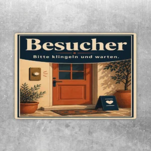 Vintage-Aufkleber mit Text Besucher bitte klingeln und warten, Haustürmotiv in Creme, Dunkelblau und Orange.