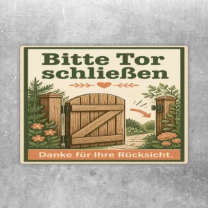Bitte Tor schließen Aufkleber mit gezeichnetem Gartentor, Dankeszeile und natürlichen Farben für Hof und Garten.