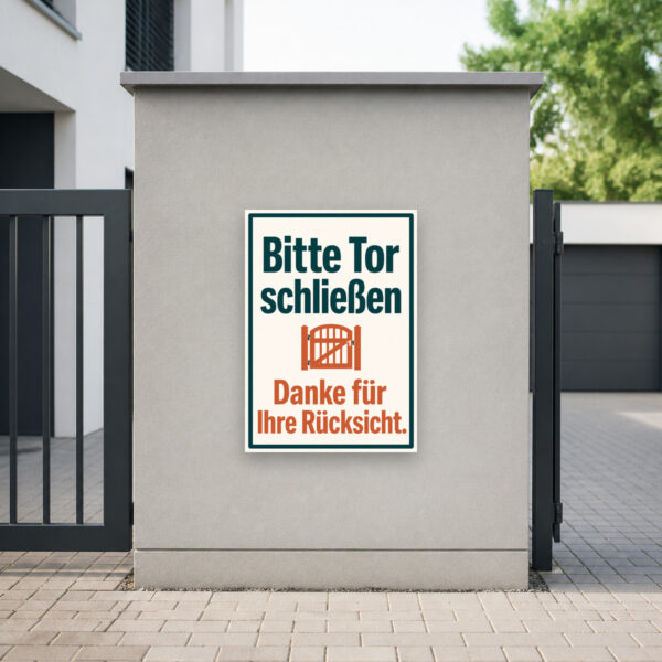KI-generiertes Anwendungsbeispiel: Bitte Tor schließen – Hinweisschild mit Dankesmotiv am passenden Einsatzort mit gut sichtbarem Motiv und klarer Beschriftung.