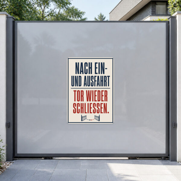 KI-generiertes Anwendungsbeispiel: Aufkleber „Nach Ein- und Ausfahrt Tor wieder schließen“ an einer Zufahrt.