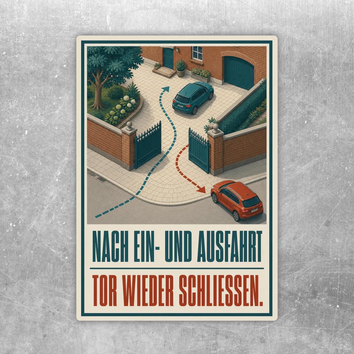 Aufkleber mit Retro-Motiv einer Grundstückseinfahrt und Text „Nach Ein- und Ausfahrt Tor wieder schließen“.