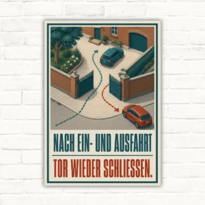 Torschild mit Wortlaut „Nach Ein- und Ausfahrt Tor wieder schließen“ und illustrierter Hofeinfahrt mit Autos.