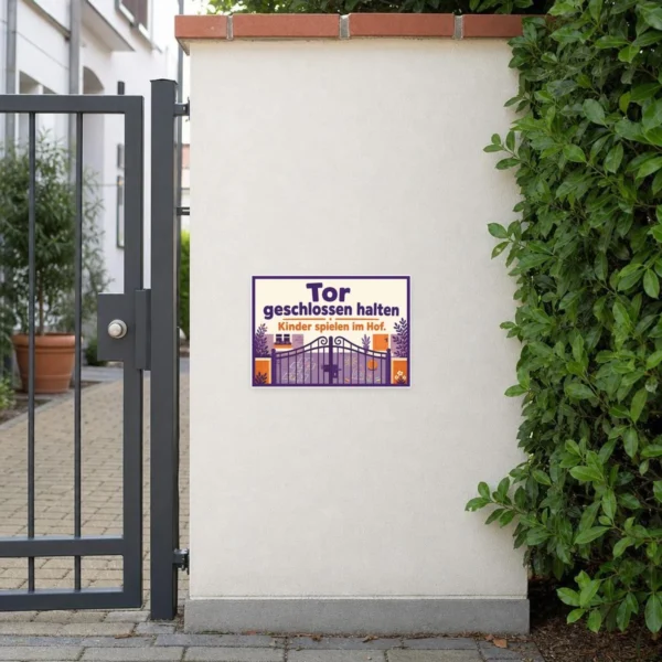 KI-generiertes Anwendungsbeispiel: Aufkleber Tor geschlossen halten, Kinder spielen im Hof auf grauem Untergrund mit Hoftor-Motiv.