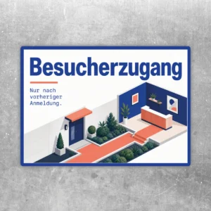 Besucherzugang Aufkleber nur nach vorheriger Anmeldung mit blauem Text und Empfangsillustration im Querformat.
