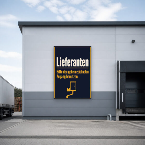 KI-generiertes Anwendungsbeispiel: Lieferanten Schild „Bitte den gekennzeichneten Zugang benutzen“ an einer Wand montiert.