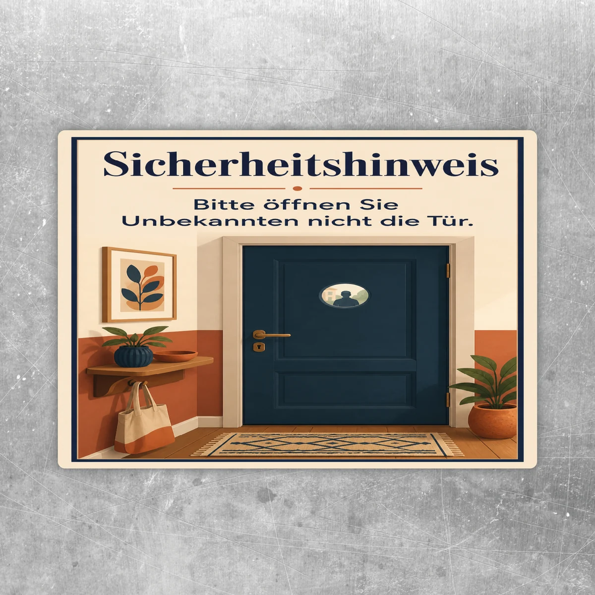 Aufkleber mit Sicherheitshinweis „Bitte öffnen Sie Unbekannten nicht die Tür“ und Wohnungsflur-Motiv.