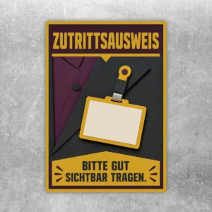 Aufkleber mit Text Zutrittsausweis bitte gut sichtbar tragen, Ausweisclip-Motiv in Gelb, Schwarz, Violett und Beige.