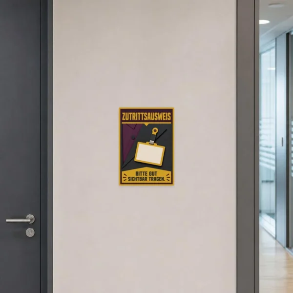 KI-generiertes Anwendungsbeispiel: Zutrittsausweis-Aufkleber an einer Zugangstür als Hinweis zum sichtbaren Tragen.