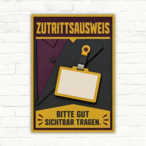 Schild mit Wortlaut „Zutrittsausweis – bitte gut sichtbar tragen“ und Ausweishalter-Motiv in Gelb und Schwarz.