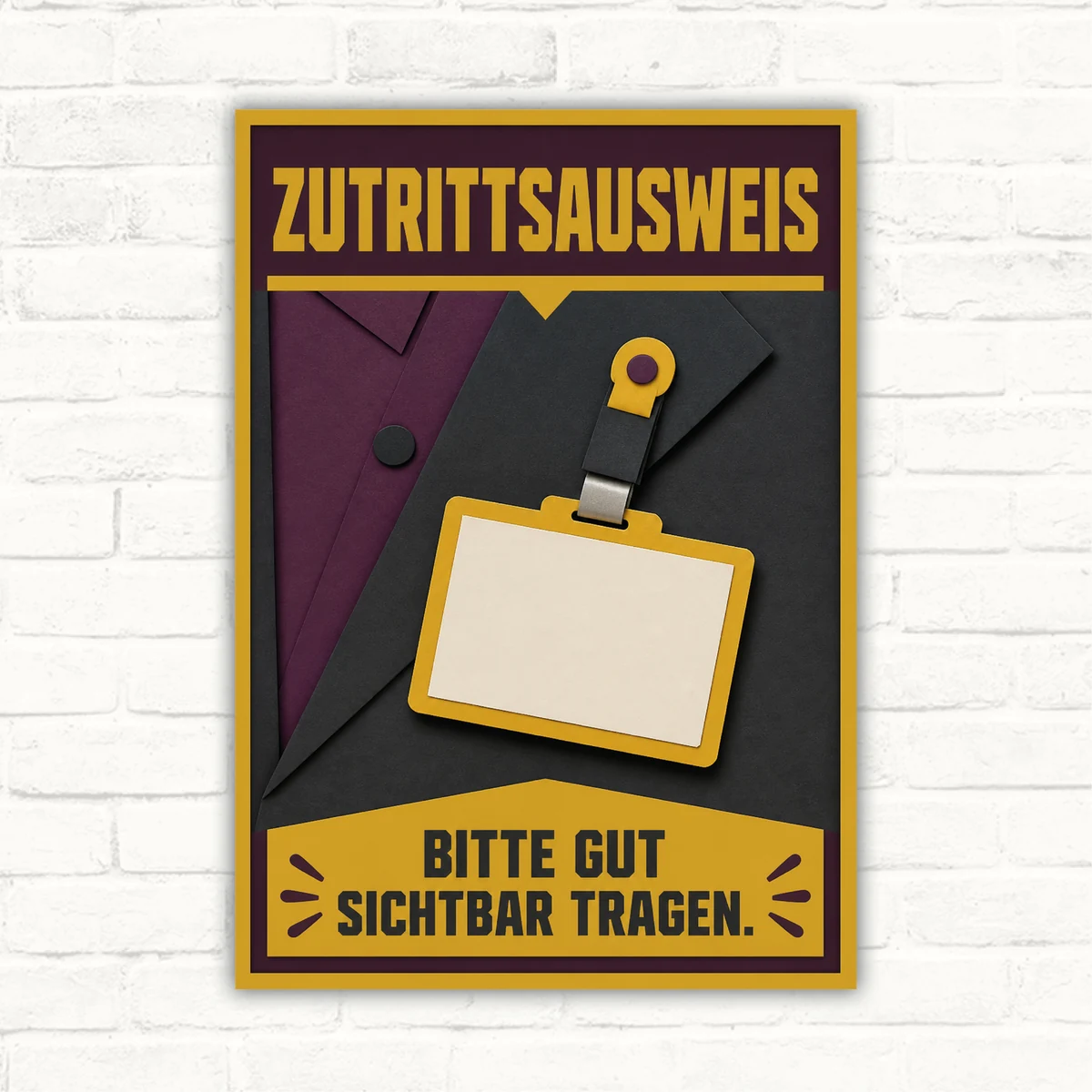Schild mit Wortlaut „Zutrittsausweis – bitte gut sichtbar tragen“ und Ausweishalter-Motiv in Gelb und Schwarz.