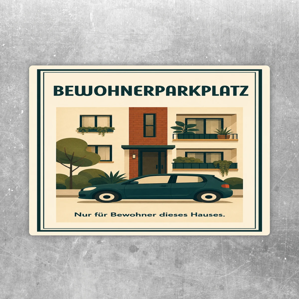 Bewohnerparkplatz Aufkleber mit Hausmotiv, Auto und Text Nur für Bewohner dieses Hauses in Beige und Grün.
