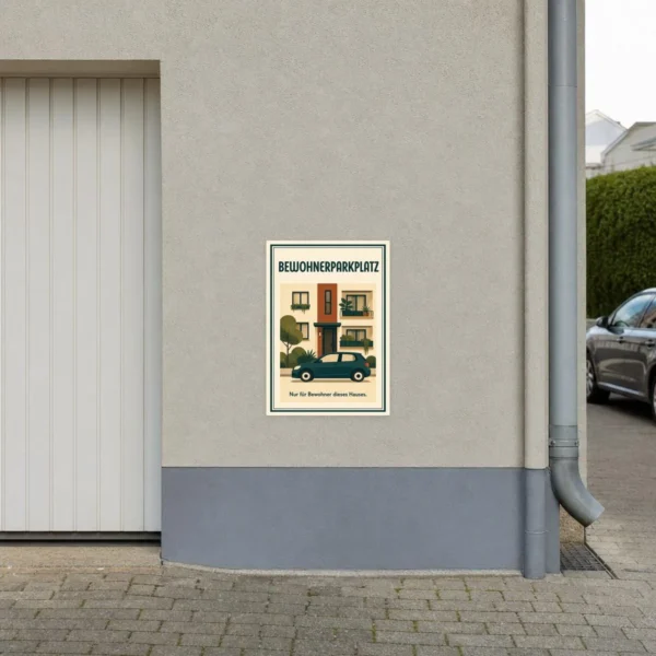 KI-generiertes Anwendungsbeispiel: Bewohnerparkplatz Aufkleber mit Haus, Auto und Hinweis Nur für Bewohner dieses Hauses.