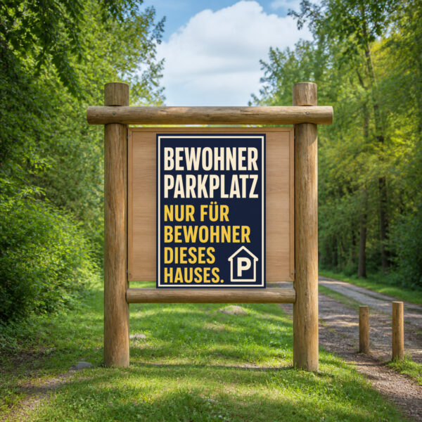 KI-generiertes Anwendungsbeispiel: Bewohnerparkplatz Schild mit Haus, Auto und Text „Nur für Bewohner dieses Hauses“ an Wand.
